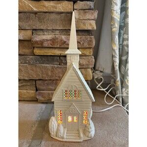 WHITE PORCELAIN CHURCH MUSIC BOX & LIGHT STAINED GLASS